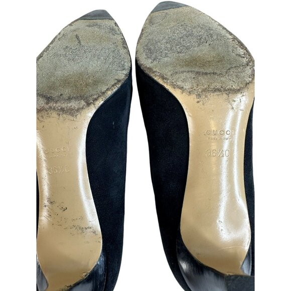GUCCI Pump Kitten Heels Suede Leather US 6 EU 36.5 Black Pointed Toe Bow Logo - Picture 8 of 15